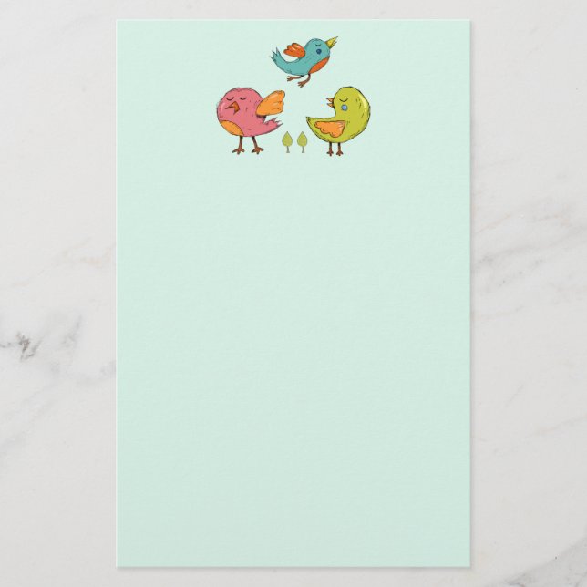 Colorful and Cute Whimsical Birds Trio Stationery (Front)