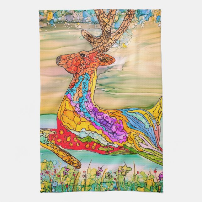 Colorful and Festive Christmas Deer  Kitchen Towel (Vertical)