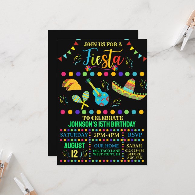 Colorful and Fun Mexican Fiesta Birthday Invitation (Front/Back In Situ)