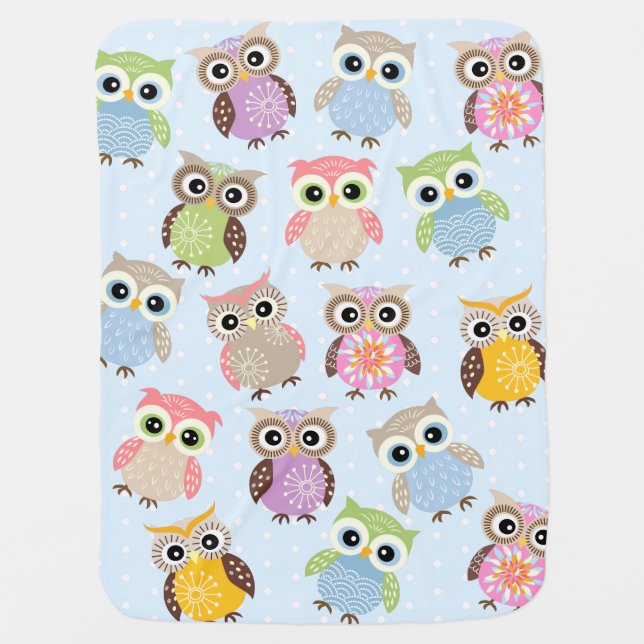 Colorful and Fun Owls in Baby Blue Baby Blanket (Front)