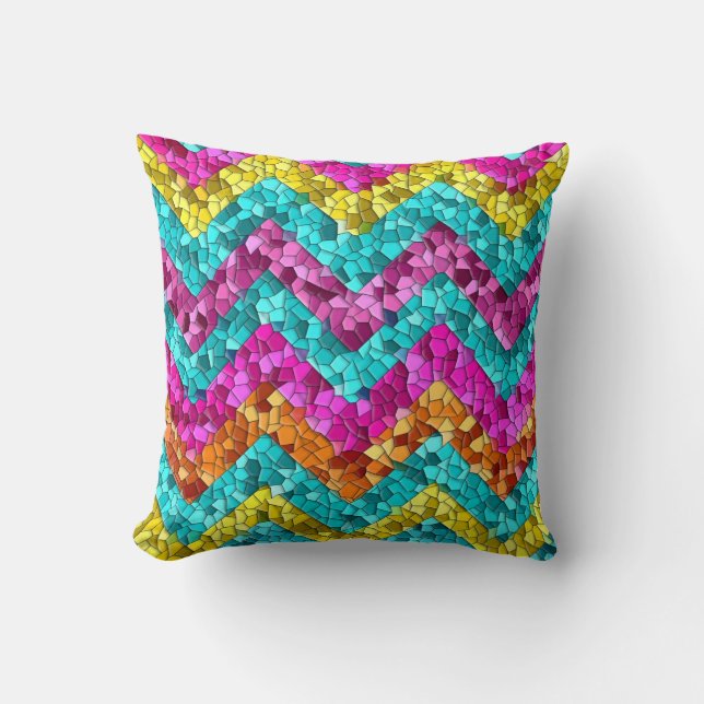 Colorful and Fun Tile Mosaic Chevron Pattern Throw Pillow (Front)