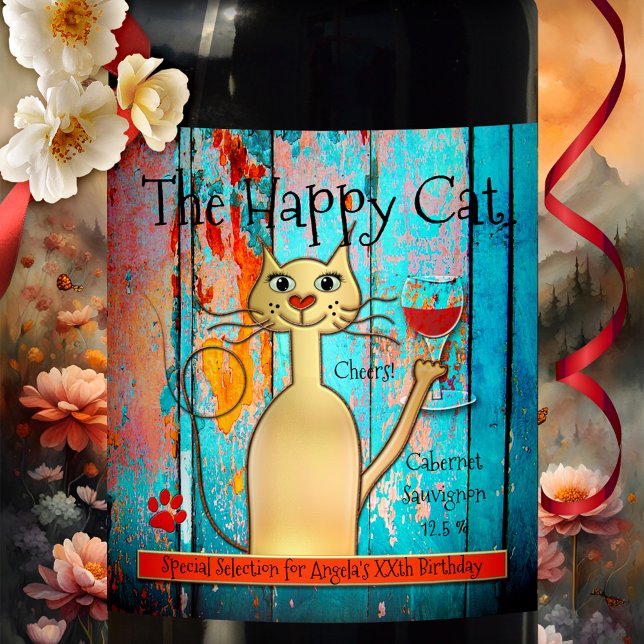 Colorful and Funny Happy Cat Custom Wine Label (Cute and funny wine label featuring a gold stylized cat toasting on colorful rustic wood - birthday)