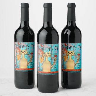 Colorful and Funny Happy Cat Custom Wine Label