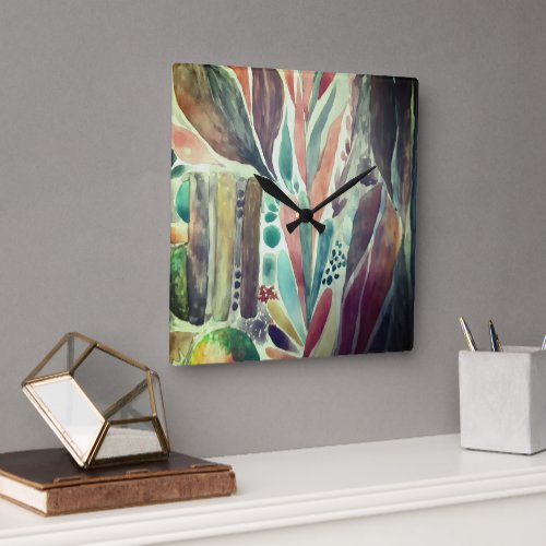 Colorful and Greenery Watercolor Tropical Square Wall Clock