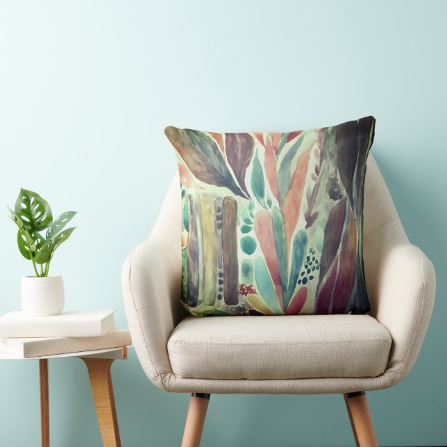 Colorful and Greenery Watercolor Tropical Throw Pillow (Chair)
