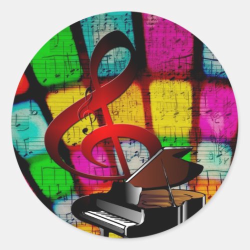 Colorful and Jazzy Treble Clef and Piano Classic Round Sticker