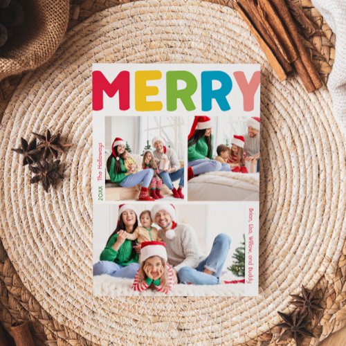 Colorful and Merry Year In Review Vertical 3 Photo Holiday Card