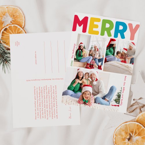 Colorful and Merry Year In Review Vertical 3 Photo Holiday Postcard
