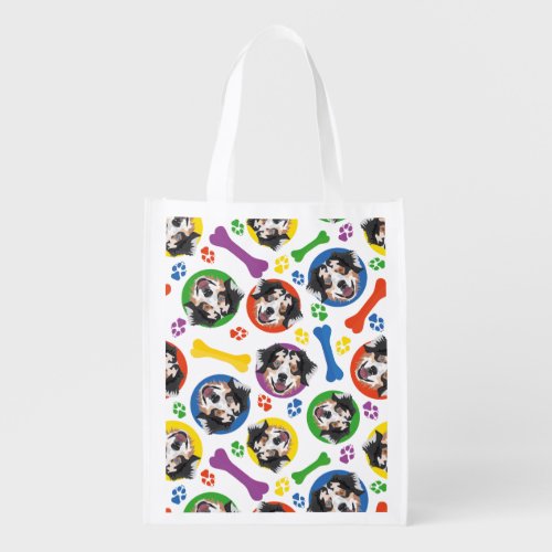 Colorful and playful Australian Shepherd Grocery Bag