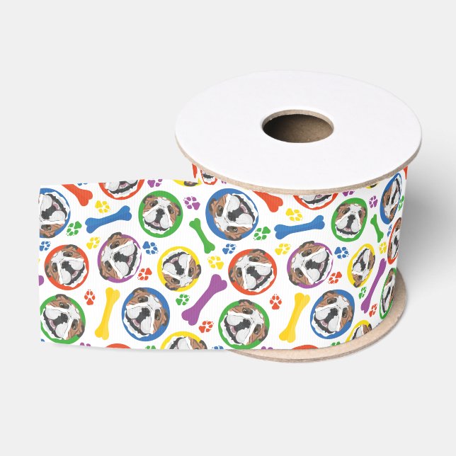 Colorful and playful English Bulldog Grosgrain Ribbon (Spool)