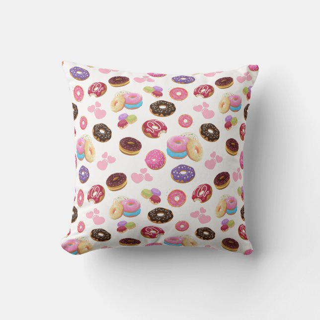 Colorful and Tasty Donuts and Hearts Throw Pillow (Front)
