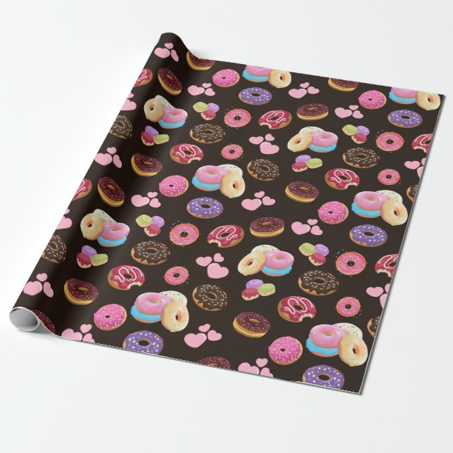 Colorful and Tasty Donuts and Hearts Wrapping Paper (Unrolled)