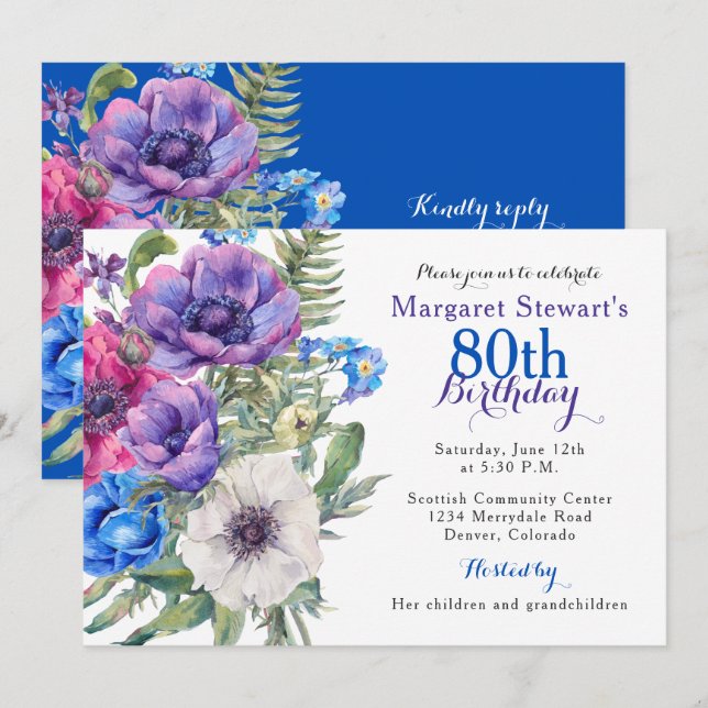 Colorful Anemone Flower 80th Birthday Invite (Front/Back)