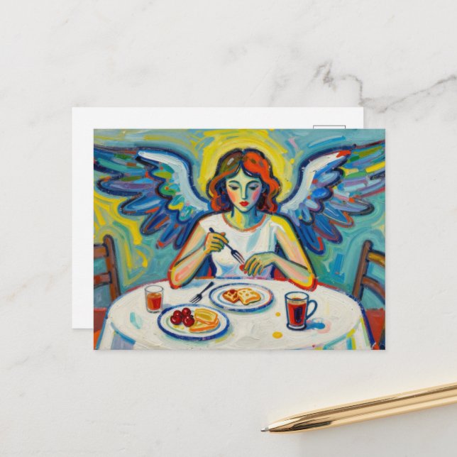 Colorful Angel at Breakfast Postcard (Front/Back In Situ)