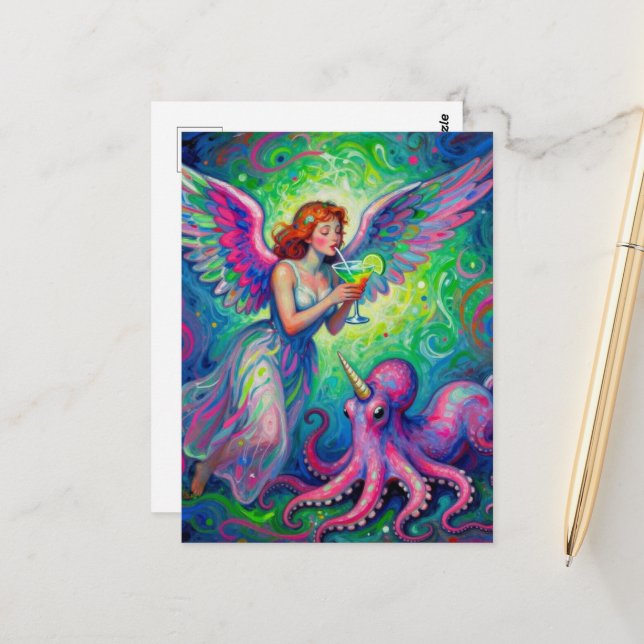 Colorful Angel enjoys a drink with unicorn octopus Postcard (Front/Back In Situ)