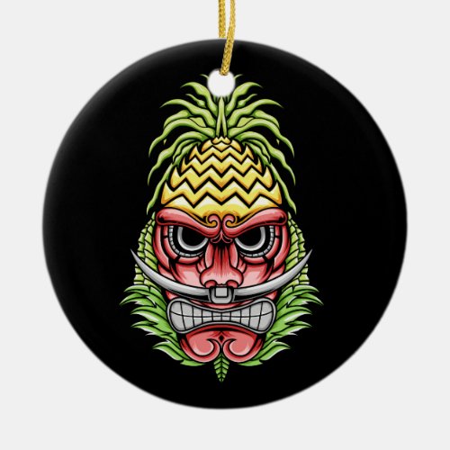 colorful angry tiki with pineapple hat illustratio ceramic ornament