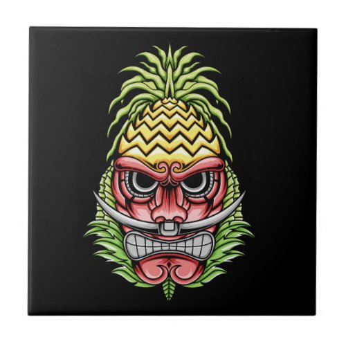 colorful angry tiki with pineapple hat illustratio ceramic tile