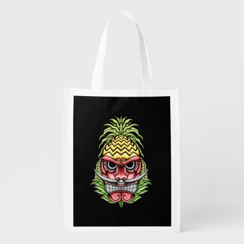 colorful angry tiki with pineapple hat illustratio grocery bag