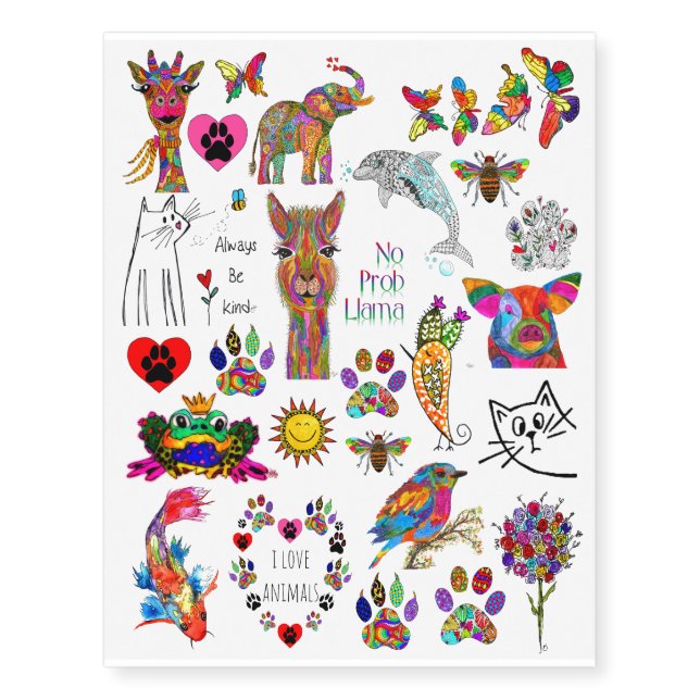 Colorful Animal Assortment Temporary Tattoos (Front)