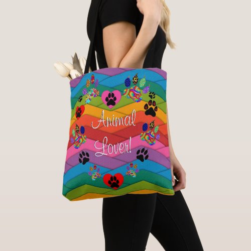 Colorful Animal Lover Paw Print Heart Tote Bag