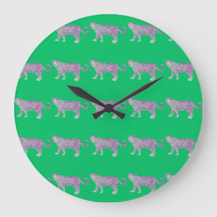Colorful Animal Pattern on Green Background Large Clock