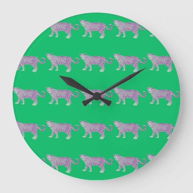 Colorful Animal Pattern on Green Background Large Clock (Front)