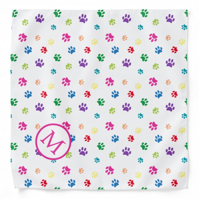 Colorful Animal Paw Prints Monogram Bandana
