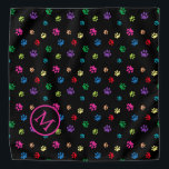 Colorful Animal Paw Prints Monogram on Black Bandana<br><div class="desc">Show how much you love animals with this cute colorful paw patterned bandana. Also looks awesome with a white background. Bet your pet will look adorable wearing it!</div>