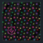 Colorful Animal Paw Prints Monogram on Black Bandana<br><div class="desc">Show how much you love animals with this cute colorful paw patterned bandana. Also looks awesome with a white background. Bet your pet will look adorable wearing it!</div>
