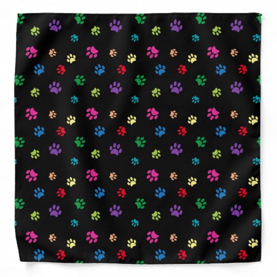 Colorful Animal Paw Prints on Black Bandana