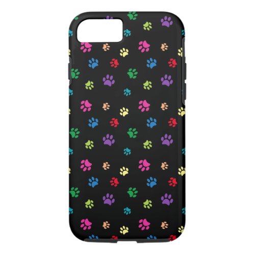 Colorful Animal Paw Prints on Black iPhone 87 Case