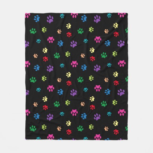 Colorful Animal Paw Prints on Black Fleece Blanket