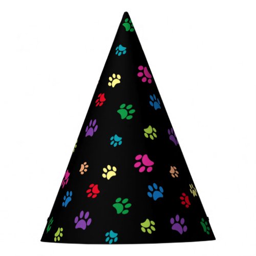 Colorful Animal Paw Prints on Black Party Hat