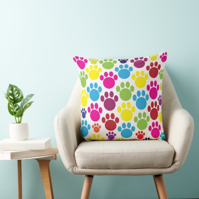 Colorful Animal Paw Prints Throw Pillow (Chair)
