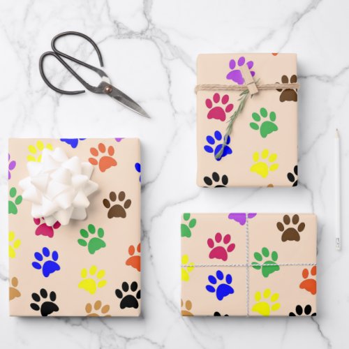 Colorful animal paws pattern pink wrapping paper sheets