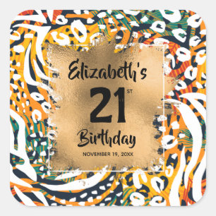 Colorful Animal Print 21st Birthday Personalized Square Sticker