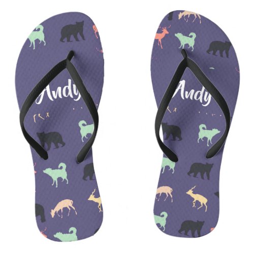 Colorful animal silhouettes on blue flip flops