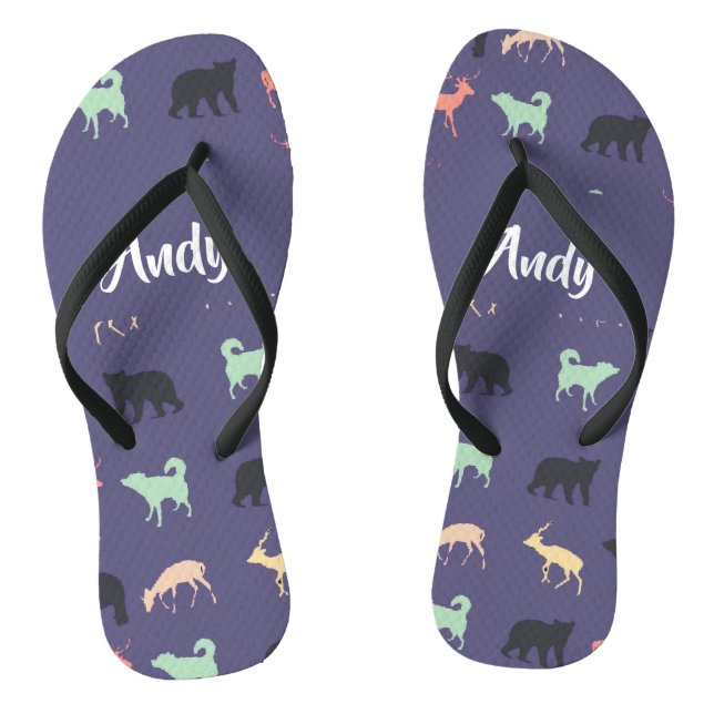 Colorful animal silhouettes on blue flip flops (Footbed)