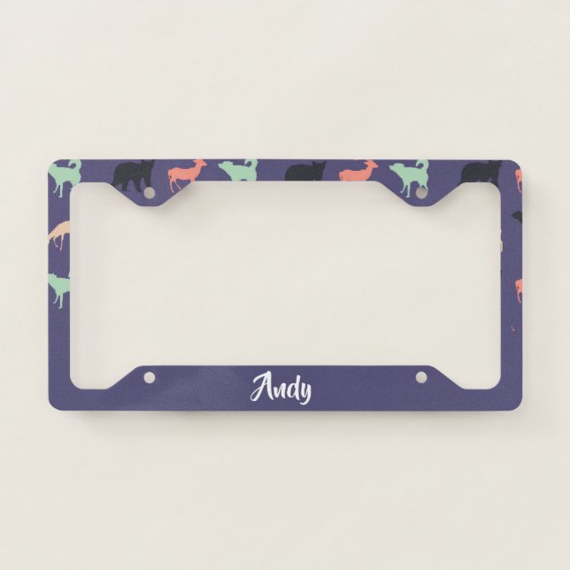 Colorful animal silhouettes on blue license plate frame (Front)