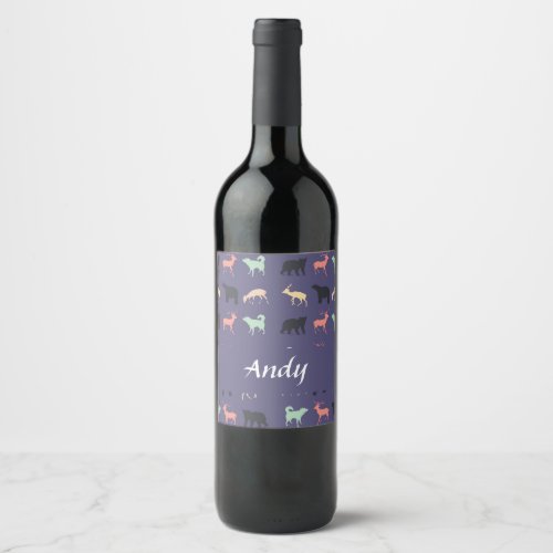 Colorful animal silhouettes on blue wine label