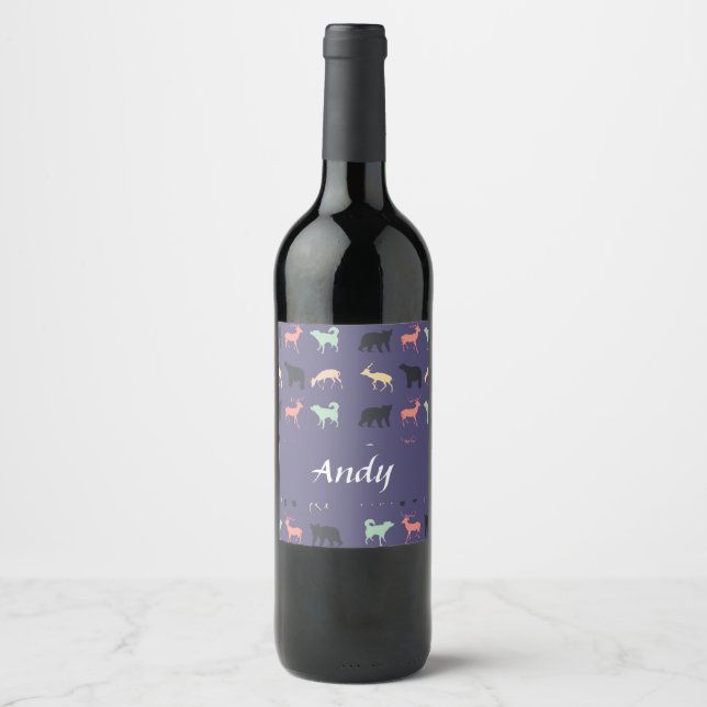 Colorful animal silhouettes on blue wine label (Front)