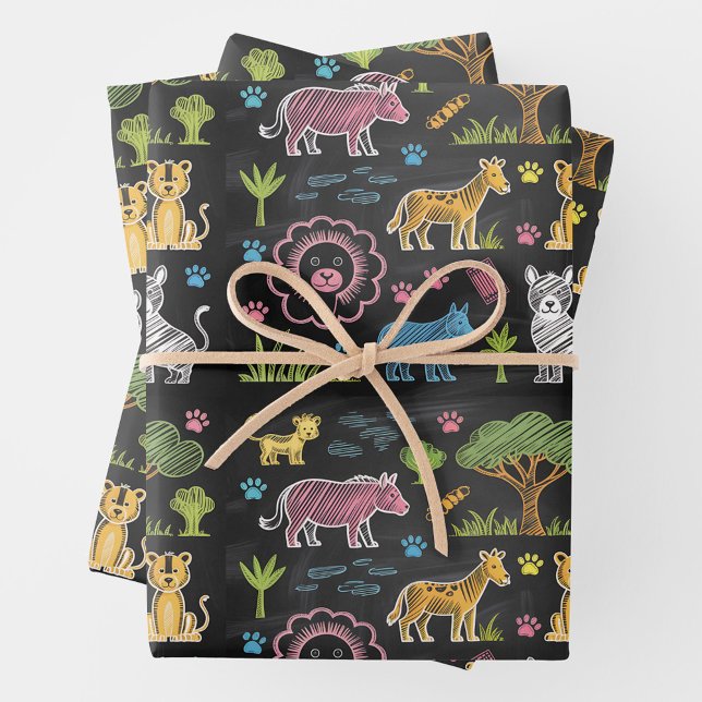 Colorful animals and trees are arranged  wrapping paper sheets (Creator Uploaded)