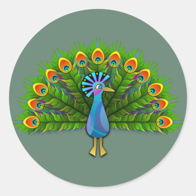 Colorful animated Peacock Classic Round Sticker (Front)