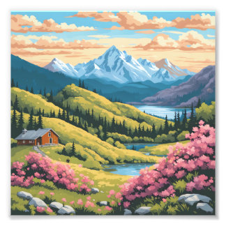 Colorful Anime Mountain Landscape Cabin Art Photo Print