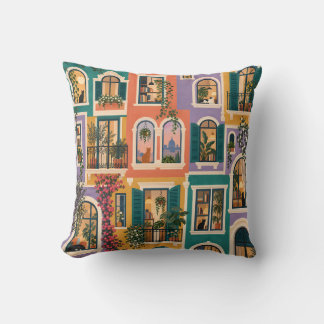 Colorful Apartment Windows Cozy Life Throw Pillow