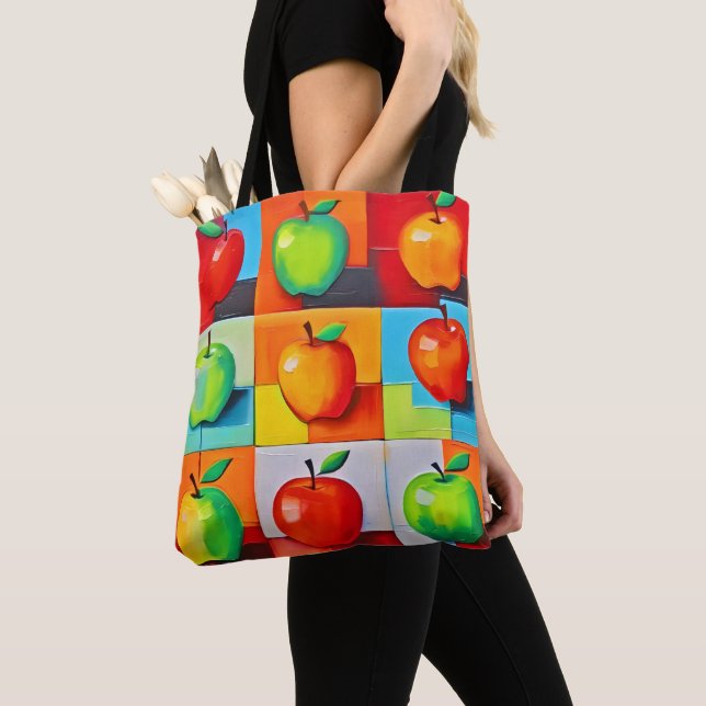 Colorful Apple Grid Tote Bag (Close Up)