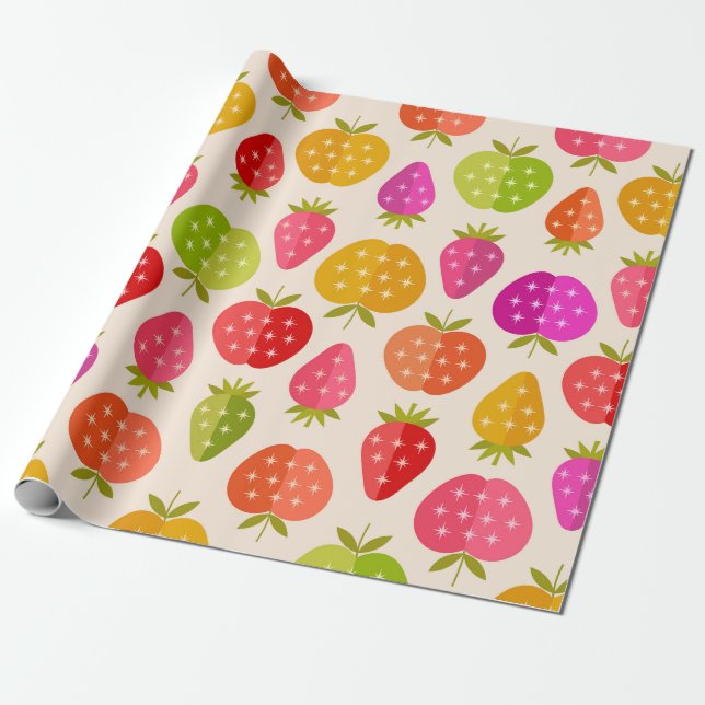 Colorful apples and strawberries with Retro Stars  Wrapping Paper (Unrolled)