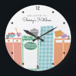 colorful appliances cooking baking kitchen clock<br><div class="desc">Fun kitchen clock for cooking or baking fans,  with colorful patterned kitchen appliances and random pots and utensils.</div>