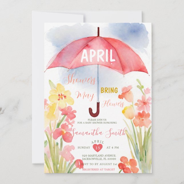 Colorful April Showers Pink Umbrella Baby Shower Invitation (Front)