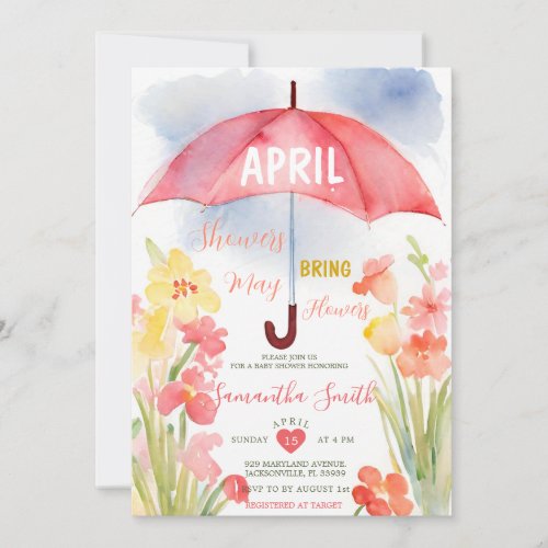Colorful April Showers Pink Umbrella Baby Shower Invitation